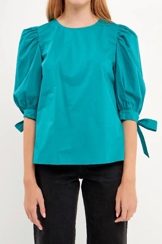 Banded Bow Sleeve Blouse In Teal