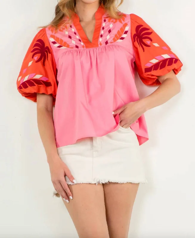 Embroidered Blouse In Sunset Pink