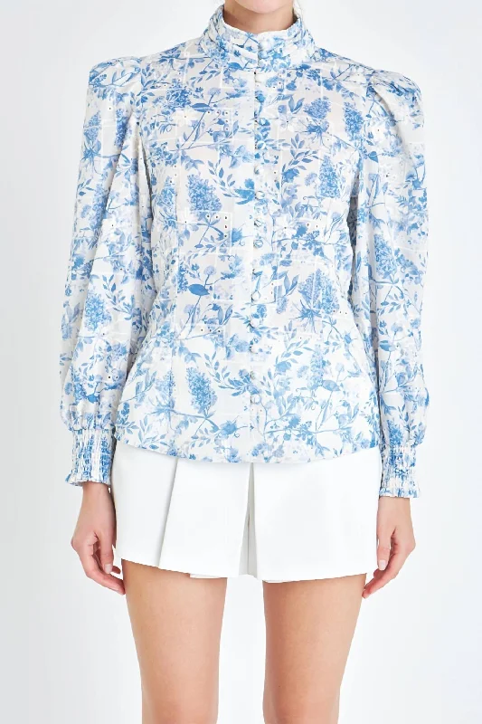 Floral Button Down Blouse In Blue