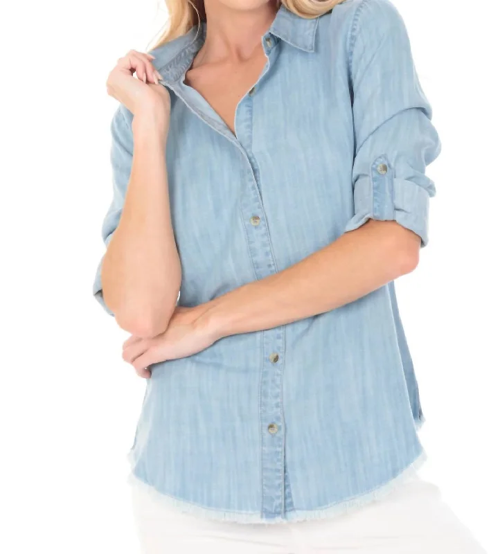 Fringed Hem Denim Blouse In Light Indigo