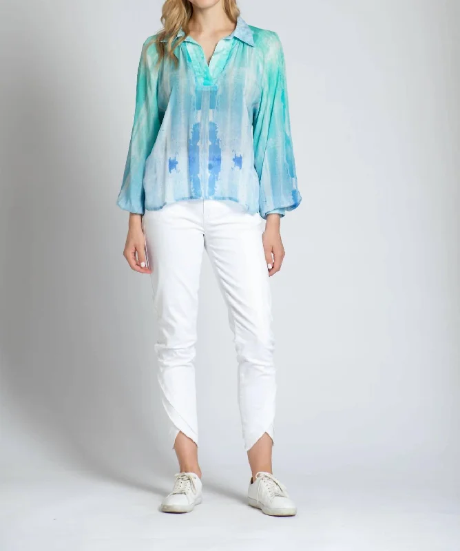 Half Placket Pullover Blouse In Blue Multi