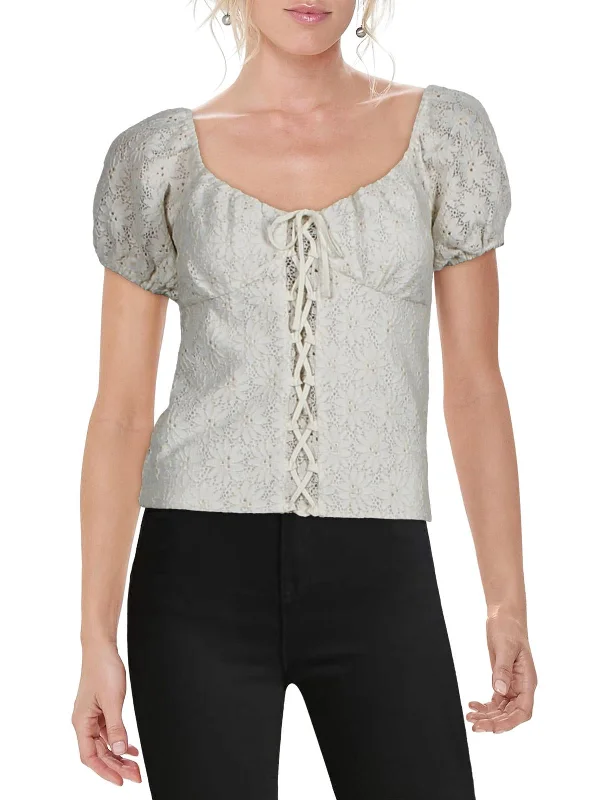 Peek Only Womens Lace Puff Sleeves Blouse