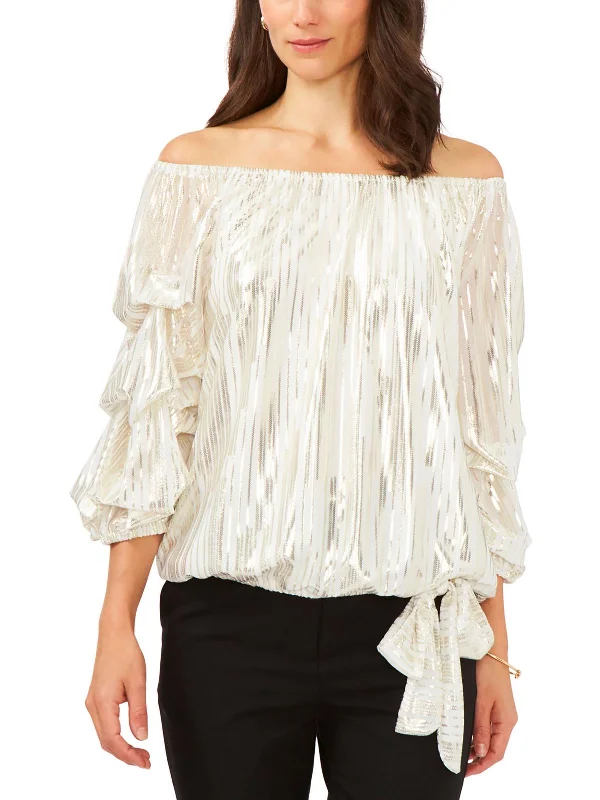 Petites Womens Metallic Blouse Off The Shoulder