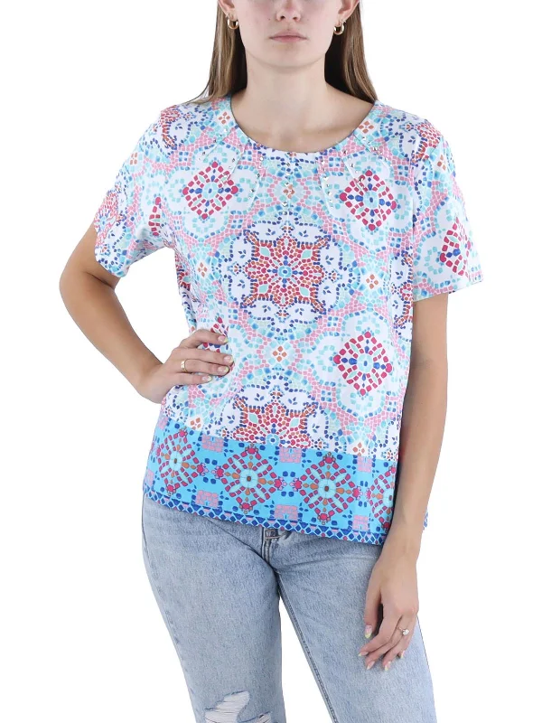 Petites Womens Mosaic Short Sleeves Blouse