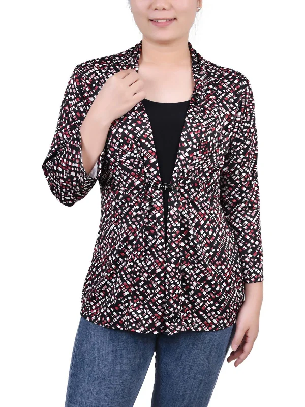 Petites Womens Printed Three Quarter Sleeve Blouse