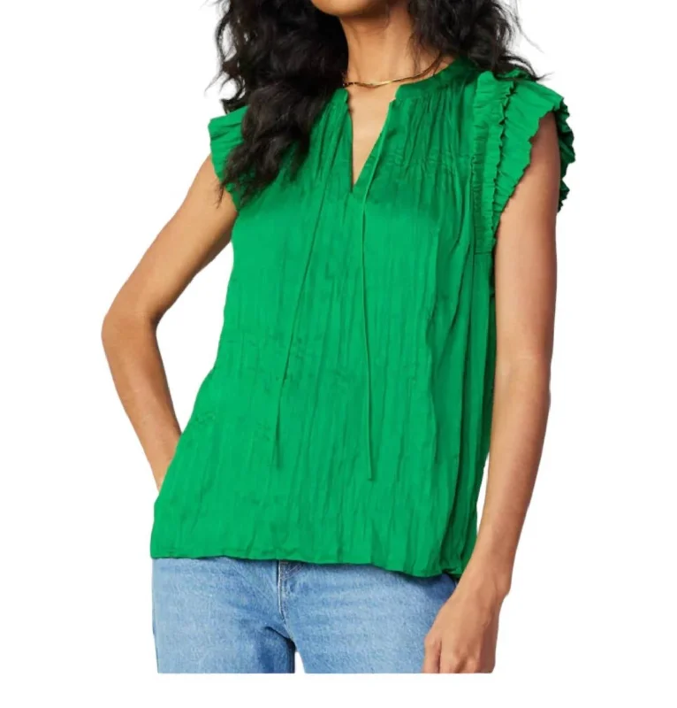 Ruffle Sleeve Crinkle Blouse In Green