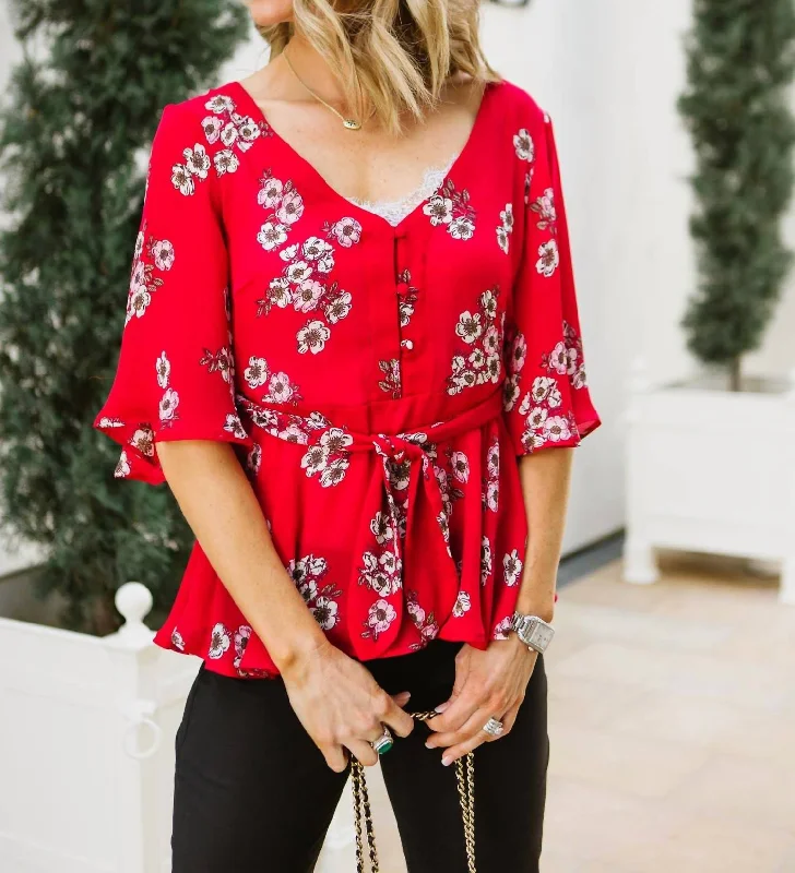 Tipton Wrap Blouse In Red Floral