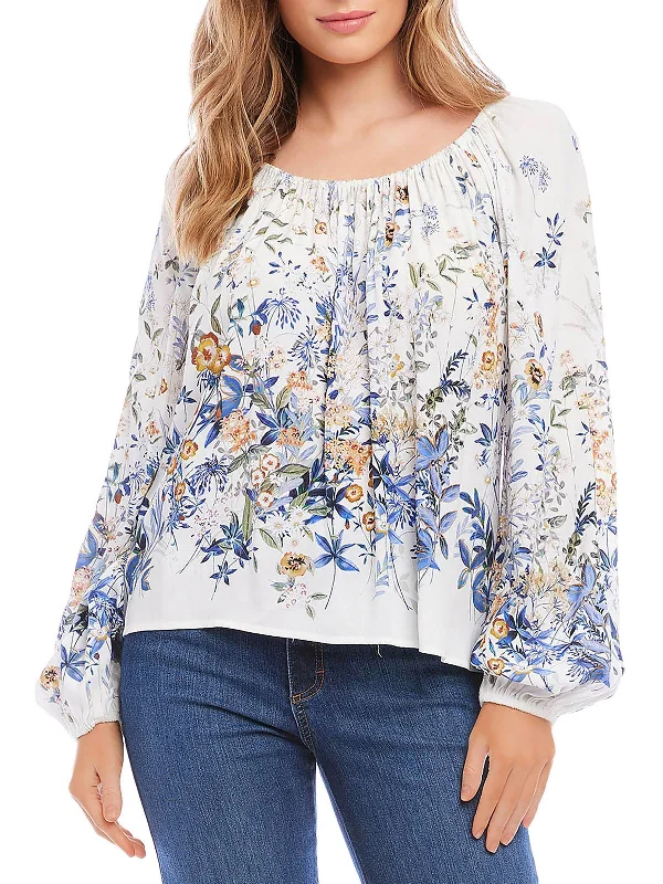 Womens Floral Print Pleated Blouse