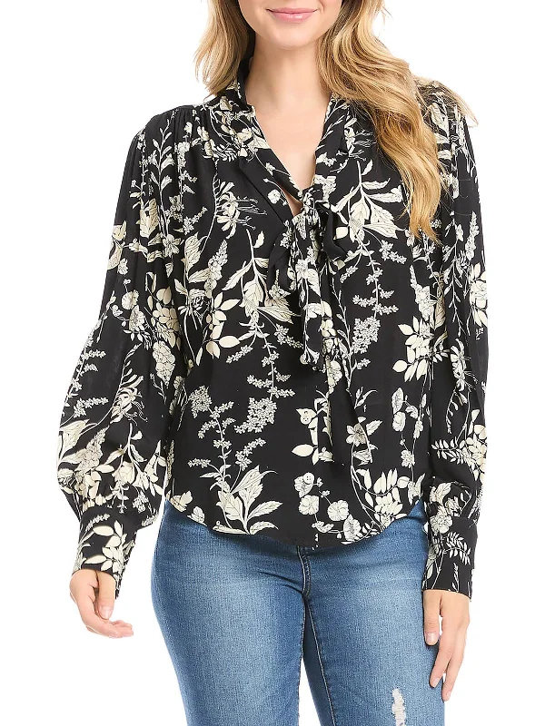 Womens Floral Print Tie Neck Blouse