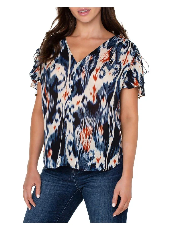 Womens Printed Flutter Sleeve Blouse