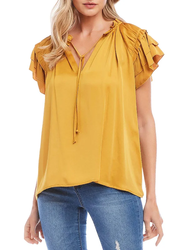 Womens Tie neck Flutter Sleeve Blouse