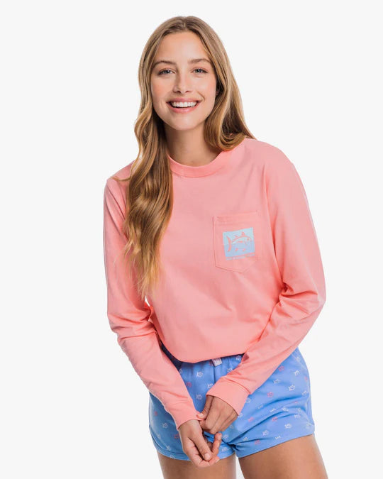 Southern Tide Ladies Duel Coral Skipjack Long Sleeve T-Shirt - Flamingo Pink