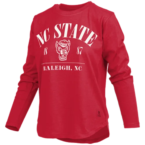 NC State Wolfpack Women's Red Wolfhead Hangleton Rounded Bottom Long Sleeve T-Shirt