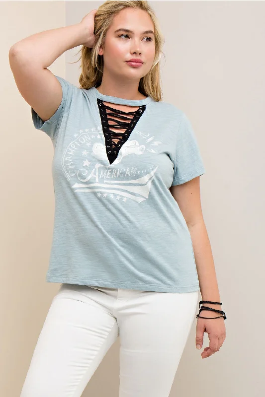 Lace Up Graphic Tee, Blue