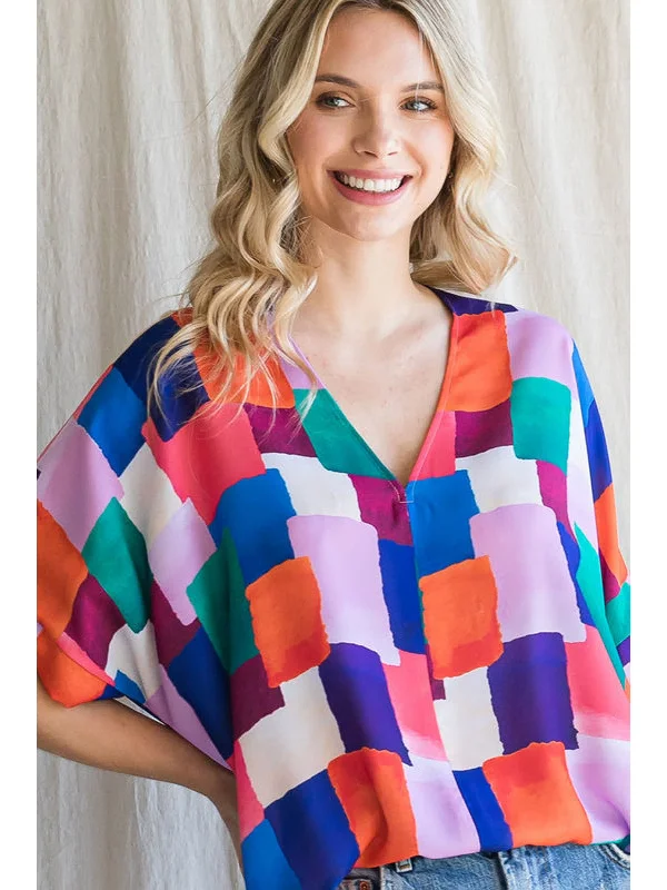 Colorful Squares V-Neck Shift Top