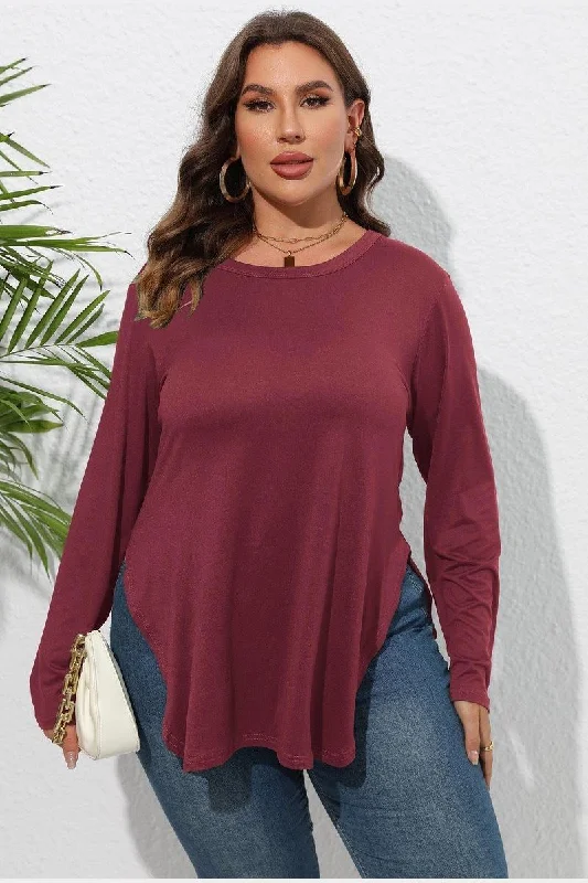 WOMEN PLUS SIZE SIDE SLIT LONG SLEEVE T SHIRT