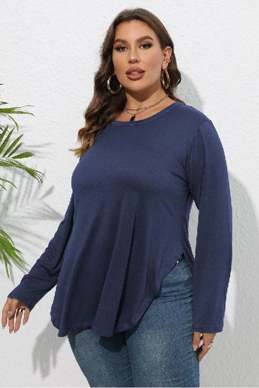 WOMEN PLUS SIZE SIDE SLIT LONG SLEEVE T SHIRT