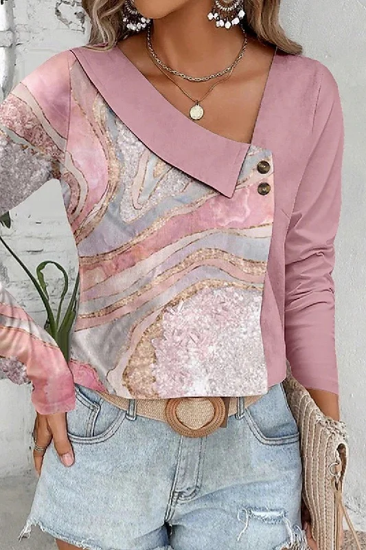 WOMEN MARBLE PRINT V NECK LONG SLEEVE T SHIRT