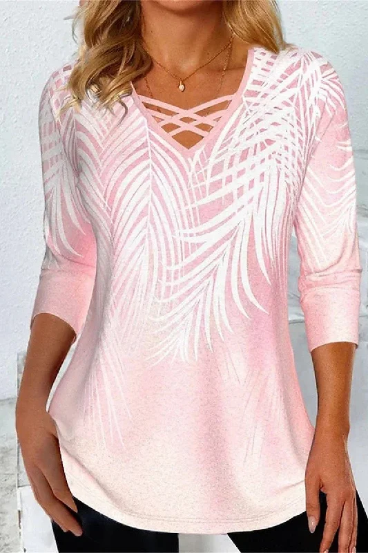 WOMEN STRAP V NECK 3D PRINTED LONG SLEEVE T SHIRT