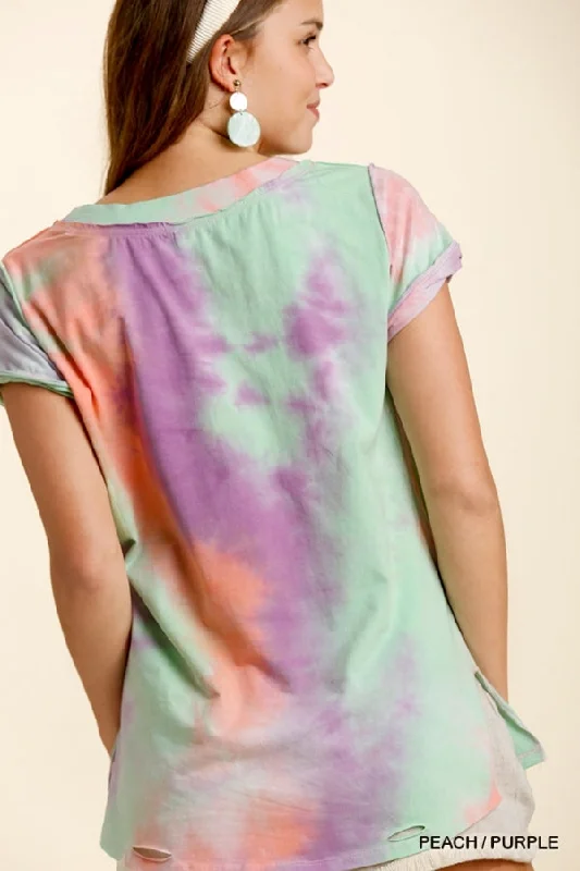 Distressed Tie Dye Top, Peach/Purple