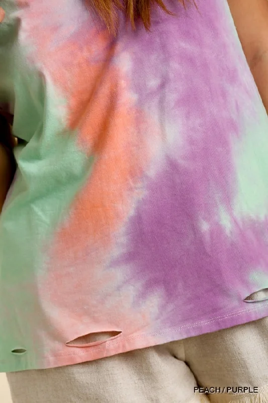 Distressed Tie Dye Top, Peach/Purple