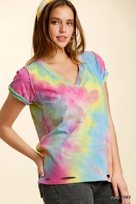 Distressed Tie Dye Top, Pink/Sky