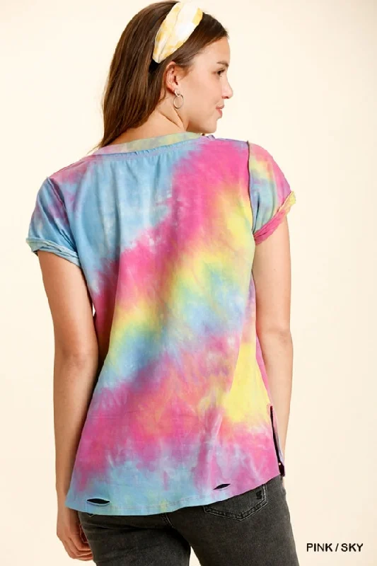 Distressed Tie Dye Top, Pink/Sky