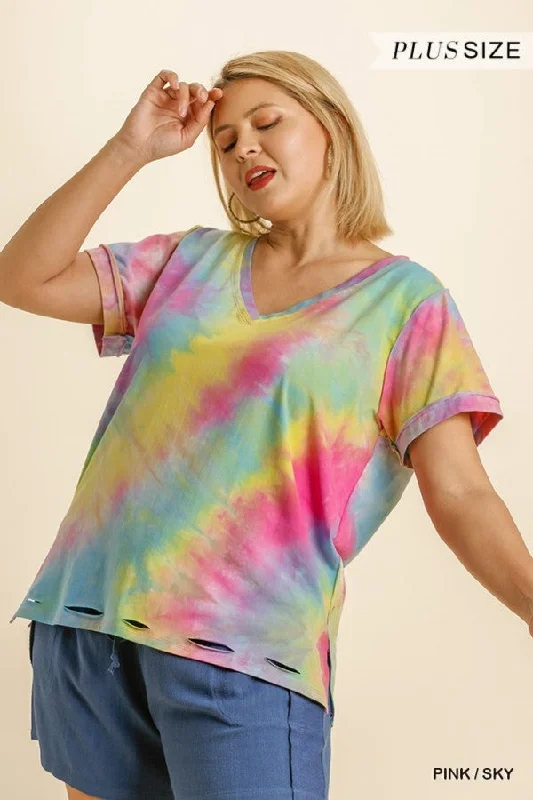 Distressed Tie Dye Top, Pink/Sky