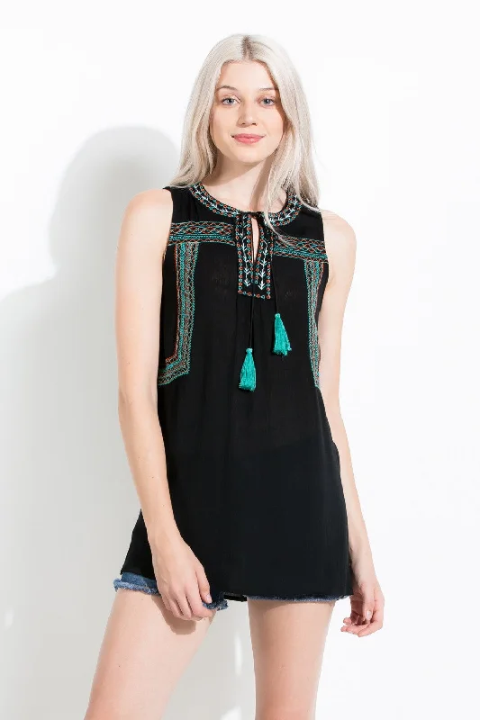 Aztec Embroidered Sleeveless Top, Black