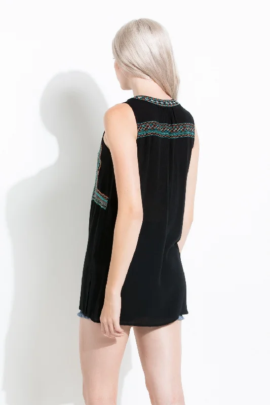 Aztec Embroidered Sleeveless Top, Black