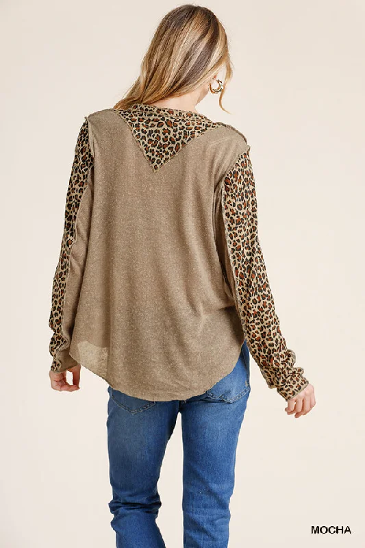 Leopard Trimmed Snap Front Top, Mocha