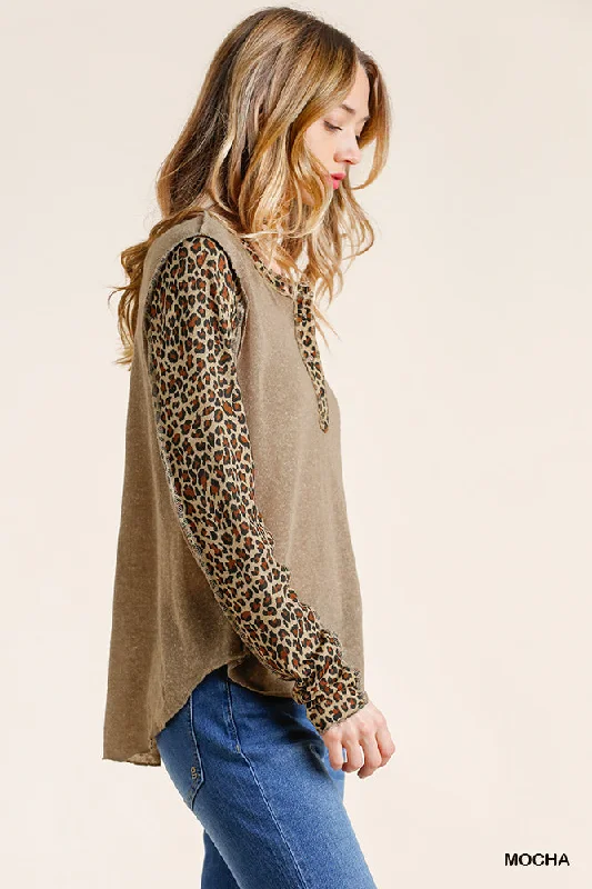 Leopard Trimmed Snap Front Top, Mocha