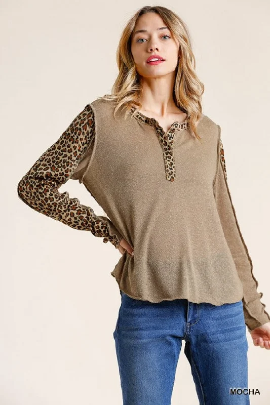 Leopard Trimmed Snap Front Top, Mocha