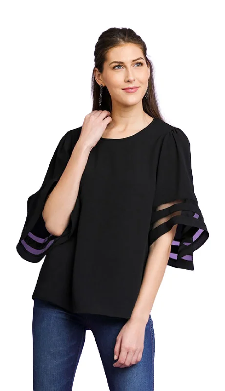 Mesh Burnout Bell Sleeve Top, Black