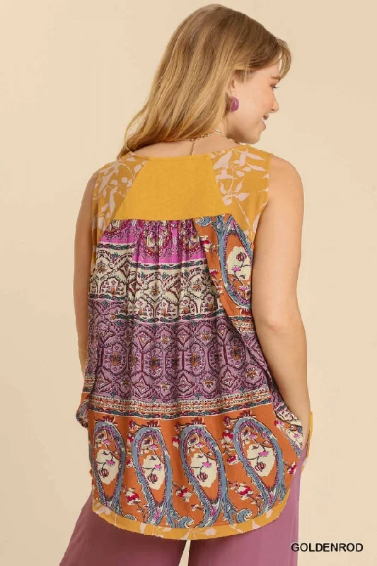 Mixed Print Babydoll Tank Top, Goldenrod