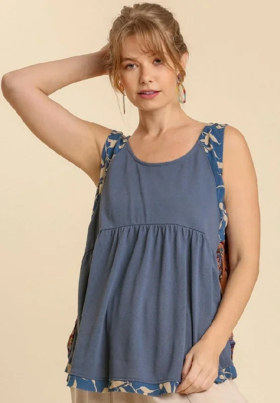 Mixed Print Babydoll Tank Top, Indigo