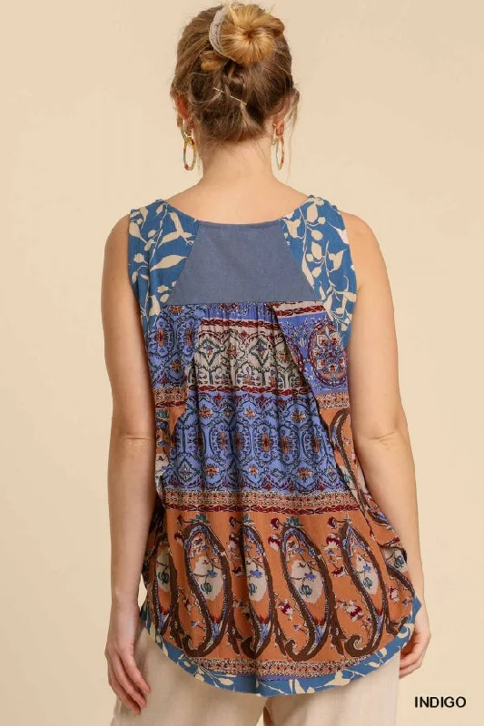 Mixed Print Babydoll Tank Top, Indigo