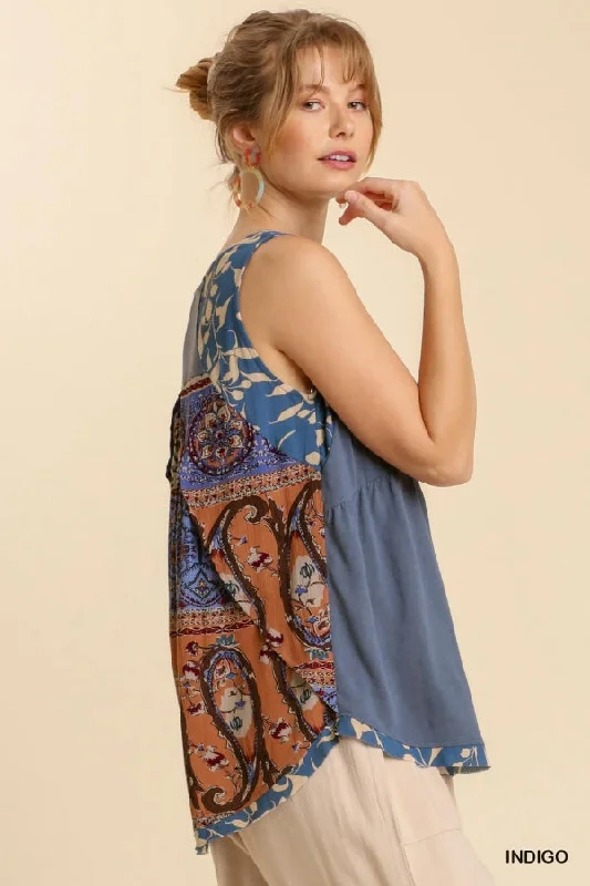 Mixed Print Babydoll Tank Top, Indigo