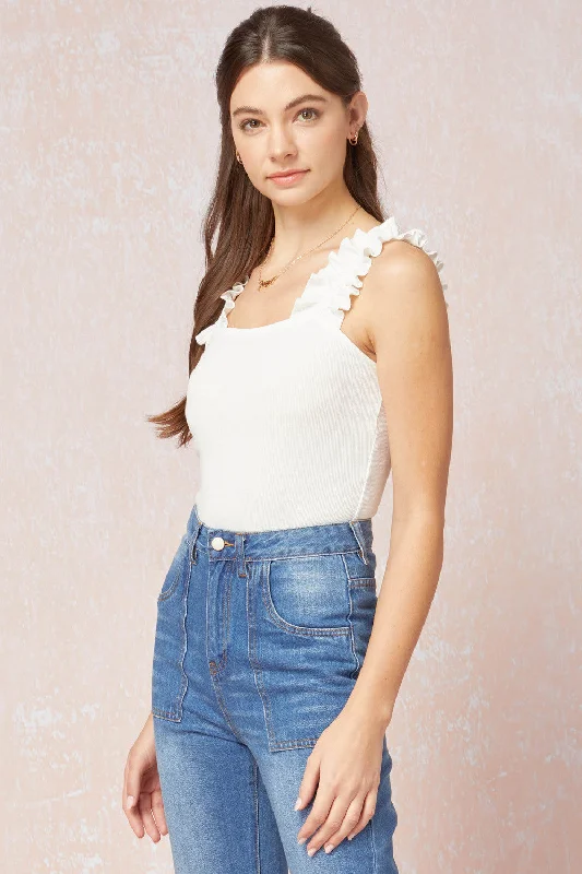 Ruffle Square Neck Bodysuit, Off White