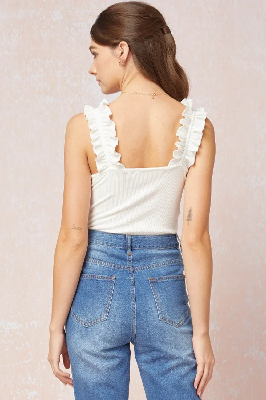 Ruffle Square Neck Bodysuit, Off White