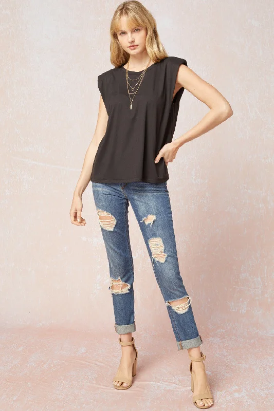 Solid Shoulder Pad Top, Black