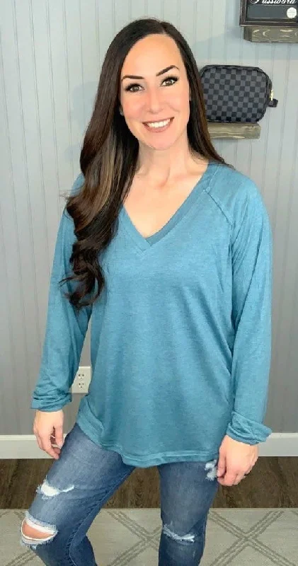 Solid V-Neck Top, Teal