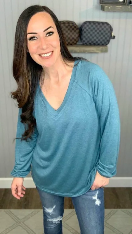 Solid V-Neck Top, Teal