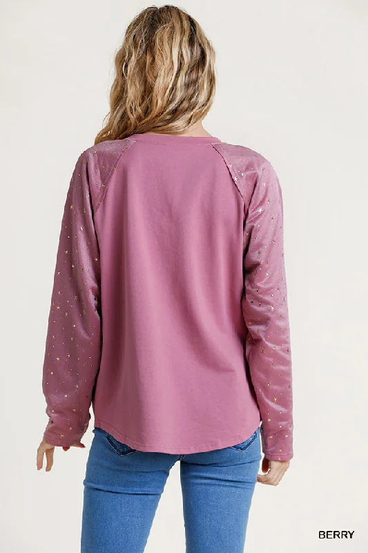 Star Layered Mesh Sleeve Top, Berry