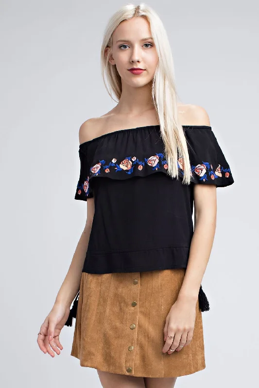 Strapless Embroidered Ruffle Top, Black