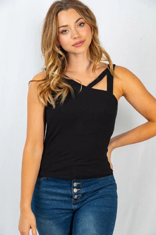 Strappy Neck Ribbed Tank Top, Black