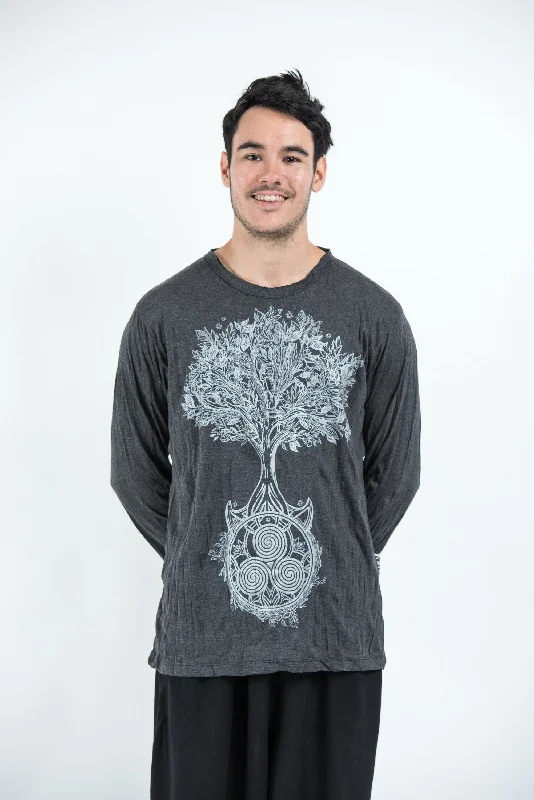 Unisex Celtic Tree Long Sleeve T-Shirt in Silver on Black