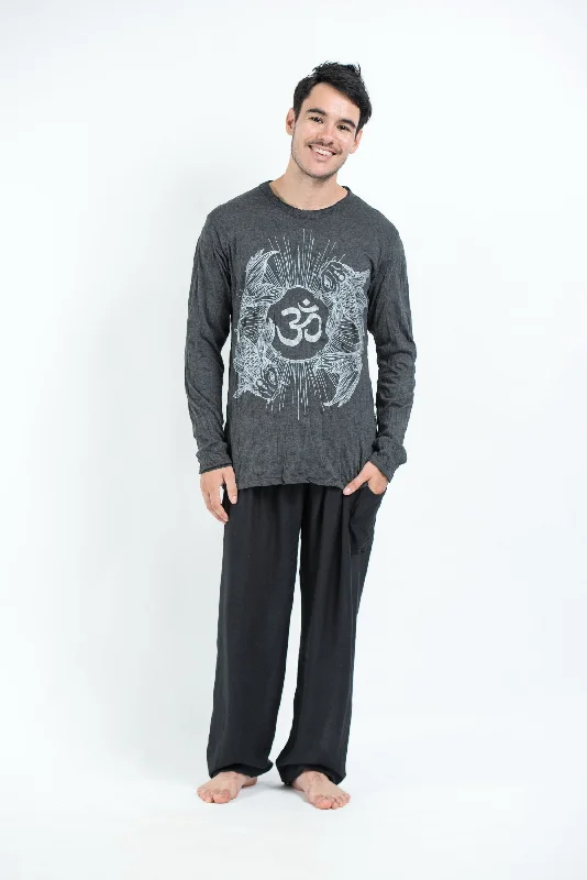 Unisex Om and Koi Fish Long Sleeve T-Shirt in Silver on Black