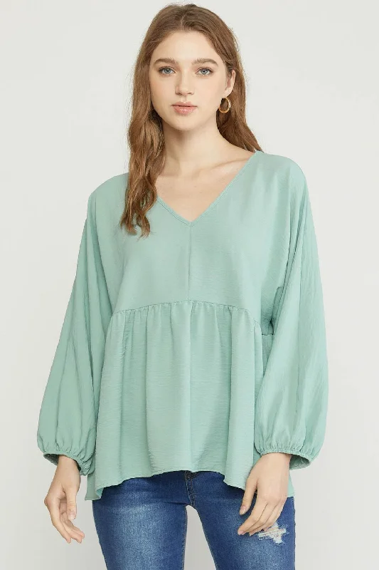 Textured Long Sleeve Babydoll Top, Green