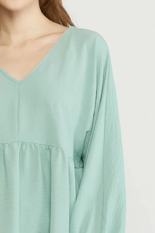 Textured Long Sleeve Babydoll Top, Green